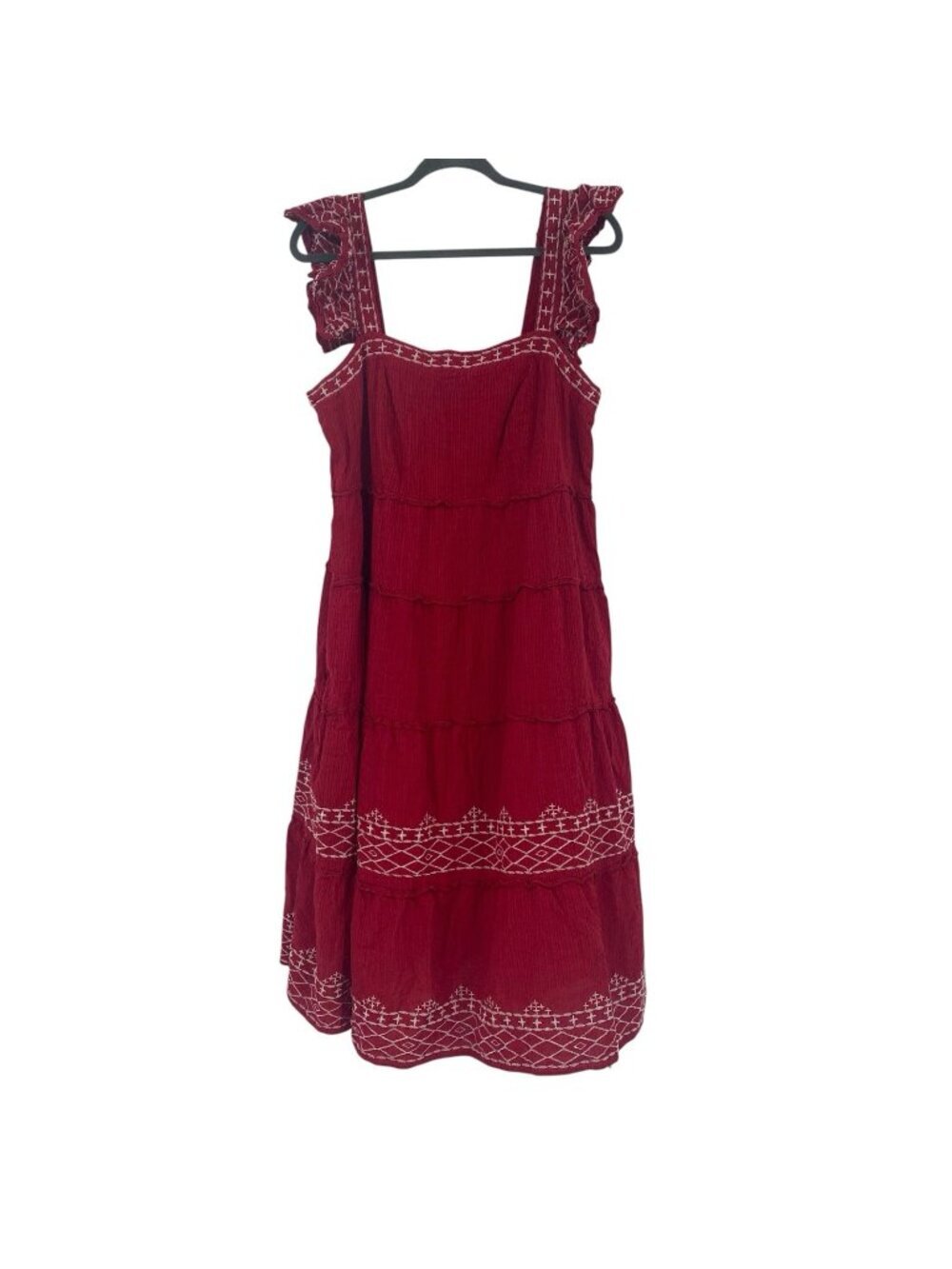Knox Rose Size L Boho Embroidered Tiered A-Line Midi Dress Ruffles